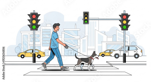 Man walking dog on leash across city street with traffic lights and cars
