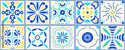 Vintage Amalfi coast pattern with blue mediterranean tiles and yellow lemon citrus color. Italian mosaic design with spanish floral ornaments, nautical slate ribbon and seamless seaside town aesthetic