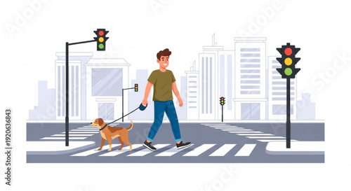Man walking dog across city street at crosswalk with traffic lights