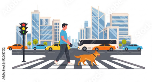 Man walking dog across crosswalk in modern city with traffic and tall buildings in the background
