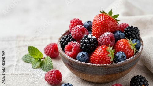 Wallpaper Mural A wooden bowl filled with vibrant raspberries, blueberries, and blackberries dusted with powdered sugar. Fresh mint leaves surround the bowl on a textured surface. Delicious and visually appealing. Torontodigital.ca