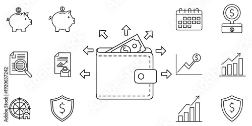 Financial management icon set with wallet piggy bank and growth charts