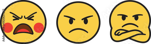 Three yellow emojis with angry and skeptical expressions on white background