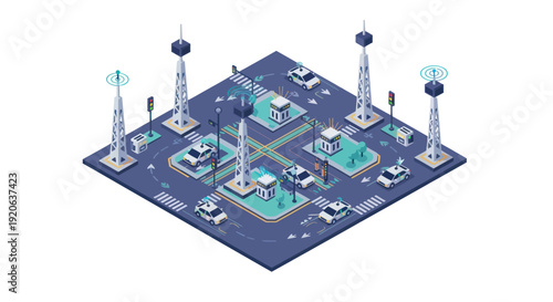 Isometric City Infrastructure with Towers and Buildings.