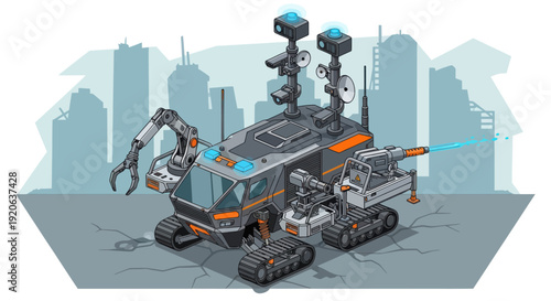 Futuristic Robot Machine with Mechanical Arms.