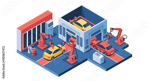 Isometric Factory with Robots and Cars.