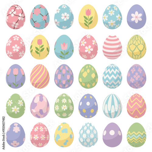 A collection of colorful Easter eggs with various patterns and floral designs on a white background. Perfect for Easter celebrations, springtime decorations, and holiday greeting cards.