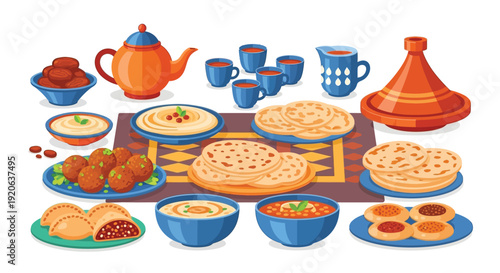 A colorful cartoon illustration of a traditional middle eastern feast