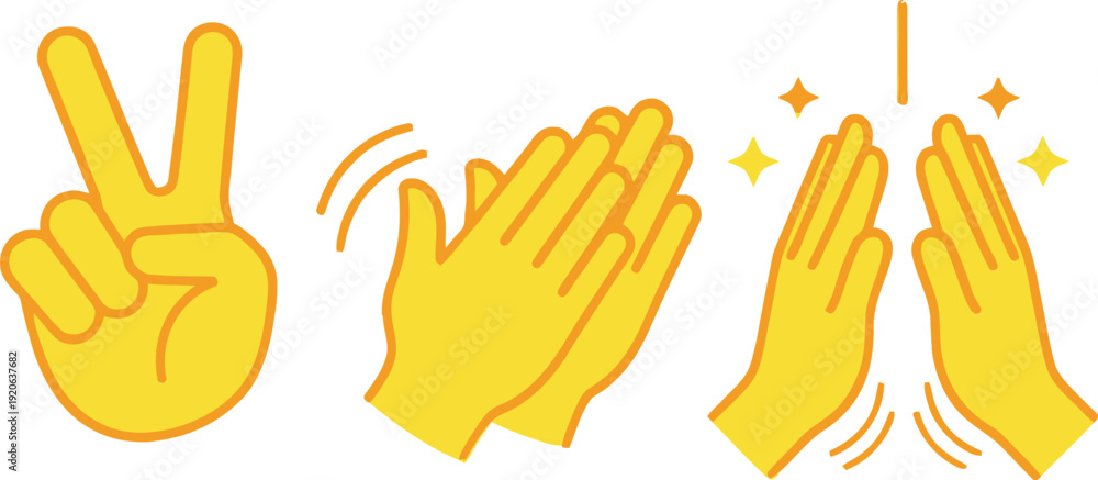 Fototapeta premium A set of three yellow hand emojis making peace clapping and praying gestures on a white background with orange accents and sparkles