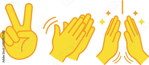 A set of three yellow hand emojis making peace clapping and praying gestures on a white background with orange accents and sparkles