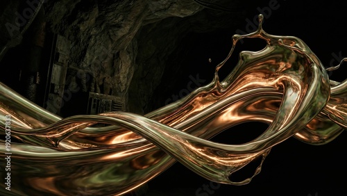 Flowing Molten Gold Liquid Metal Splashing in a Dark Industrial Cave Environment