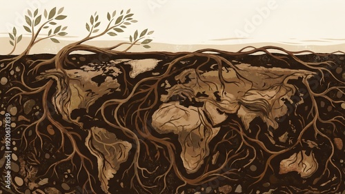 Tree Roots Forming a World Map Underground Symbolizing Global Connection with Nature Elements
