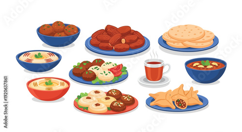 A colorful assortment of traditional middle eastern food dishes displayed