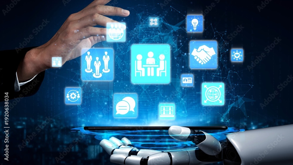 Fototapeta premium People networking and digital community with teamwork, partnership, collaboration and connection icons showing modern communication and relationship building. Funnel