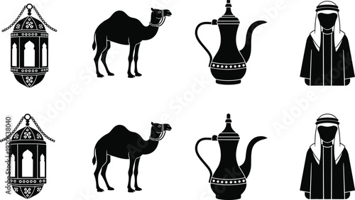 Arabian Culture Silhouette Icons Set with Camel, Traditional Lantern, Coffee Pot and Middle Eastern Character Vector Collection