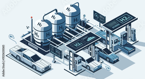 Hydrogen Fueling Station with Cars and Tanks.