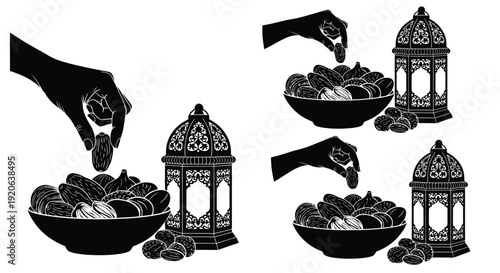 Ramadan dates being poured into bowls with ornate lanterns nearby