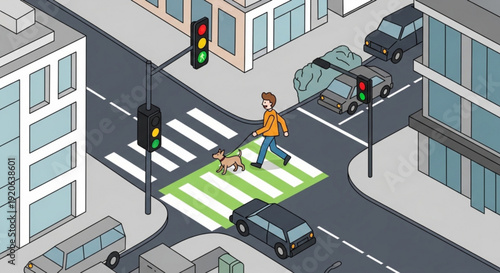 Man crossing street with dog on leash at city intersection with traffic lights and cars