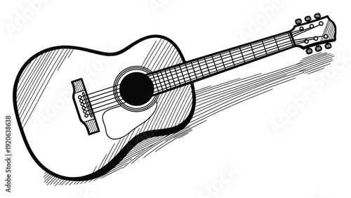 Black and white line drawing of an acoustic guitar. The guitar is angled diagonally with detailed strings, tuners, and sound hole, conveying a classic, artistic feel.