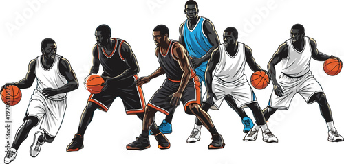 Dynamic Basketball Players Dribbling in Action Poses, Professional Athlete Vector Illustration Isolated on Background for Sports Design and Branding