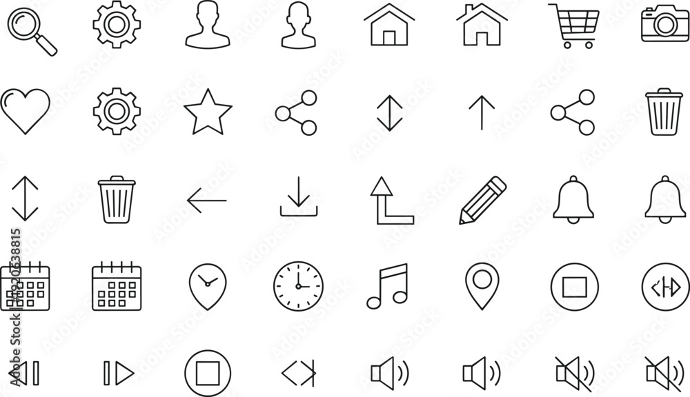 Fototapeta premium Essential User Interface Line Icons Set, Modern Minimal Outline Vector Collection for Web and Mobile Applications