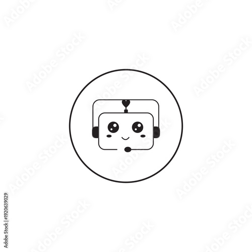 Chatbot icon. Support bot. Cute smiling robot with headset. The symbol of an instant response from the support service. Mobile helper icon. Vector illustration isolated on white background.
