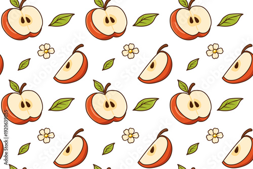 Seamless pattern with apple slices, halves and leaves. Modern flat vector illustration in minimal style with dark brown outline. Clean repeating tile background suitable for packaging, fabric, wallpap