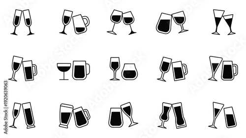 Different types of drink glasses toast icons illustrating clinking wine, beer, cocktail, and champagne glasses