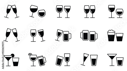 Different types of drink glasses clinking together in celebration toast icon set featuring wine, champagne, beer, cocktail glasses, party symbols