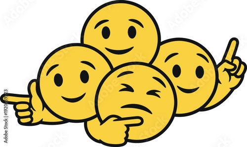 Three yellow emojis with different facial expressions pointing in various directions on a white background
