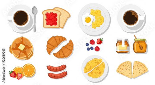 Variety of breakfast foods and drinks on plates and cups on white background