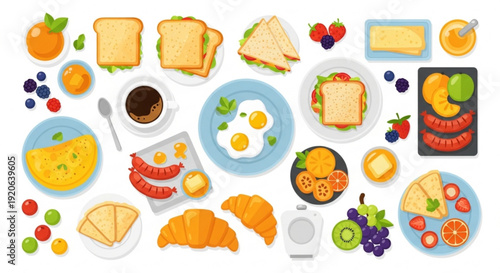 Colorful breakfast spread with various foods and drinks on plates and dishes