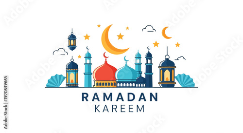 Ramadan kareem illustration featuring a crescent moon mosque and lanterns