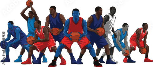 Professional Basketball Players in Dynamic Action Poses, Colorful Team Athlete Vector Illustration Isolated for Sports Branding and Design