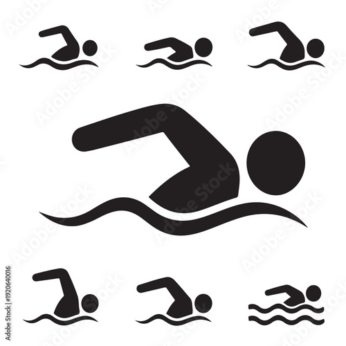 Swimming pool icon set vector illustration of athlete swimmer silhouettes in water for sports competition or aquatic center branding isolated on transparent background with various sizes