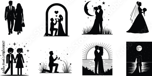 Romantic Couple Silhouette Collection with Proposal, Wedding and Love Scenes Black Vector Illustration Set for Valentine Design