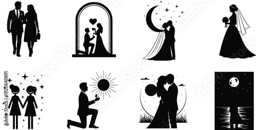 Romantic Couple Silhouette Set with Proposal, Wedding and Love Scenes Black Vector Illustration for Valentine Design