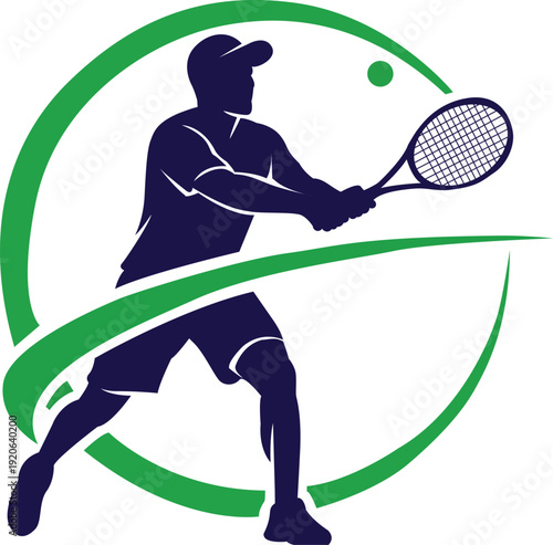 A stylized silhouette of a tennis player swinging a racquet