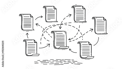 Illustration of seven scrolls connected by arrows, depicting document flow. Arrows indicate dynamic interaction, suggesting a networked communication system.