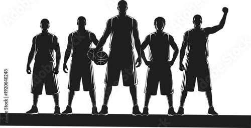 Strong Basketball Team Silhouette Standing in Formation, Professional Athletes Vector Illustration for Sports Branding and Competition Concept