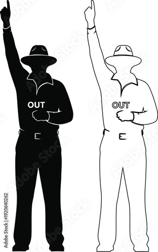 Umpire signaling out in a cricket match with different attire styles