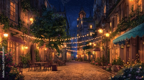 Enchanting European street scene at night