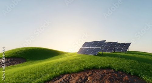 Solar panels array on a vibrant green grassy hill under a clear sky with a bright sun, illustrating renewable energy and sustainable technology.