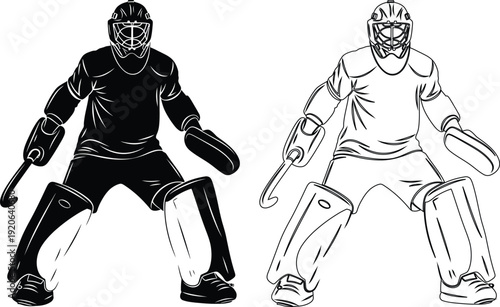 Two ice hockey goalies in contrasting gear poses for defense