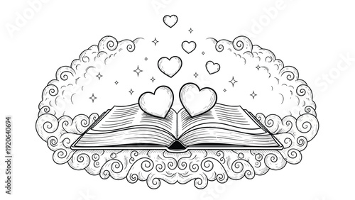 An illustrated open book emits swirling clouds and stars, with heart shapes floating upward, symbolizing love and imagination. The tone is whimsical and dreamy.