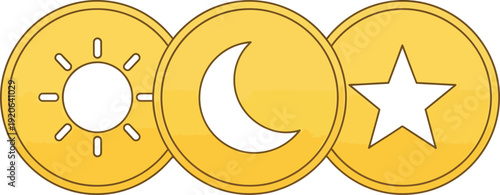 A celestial trio of sun moon and star symbols in golden circles