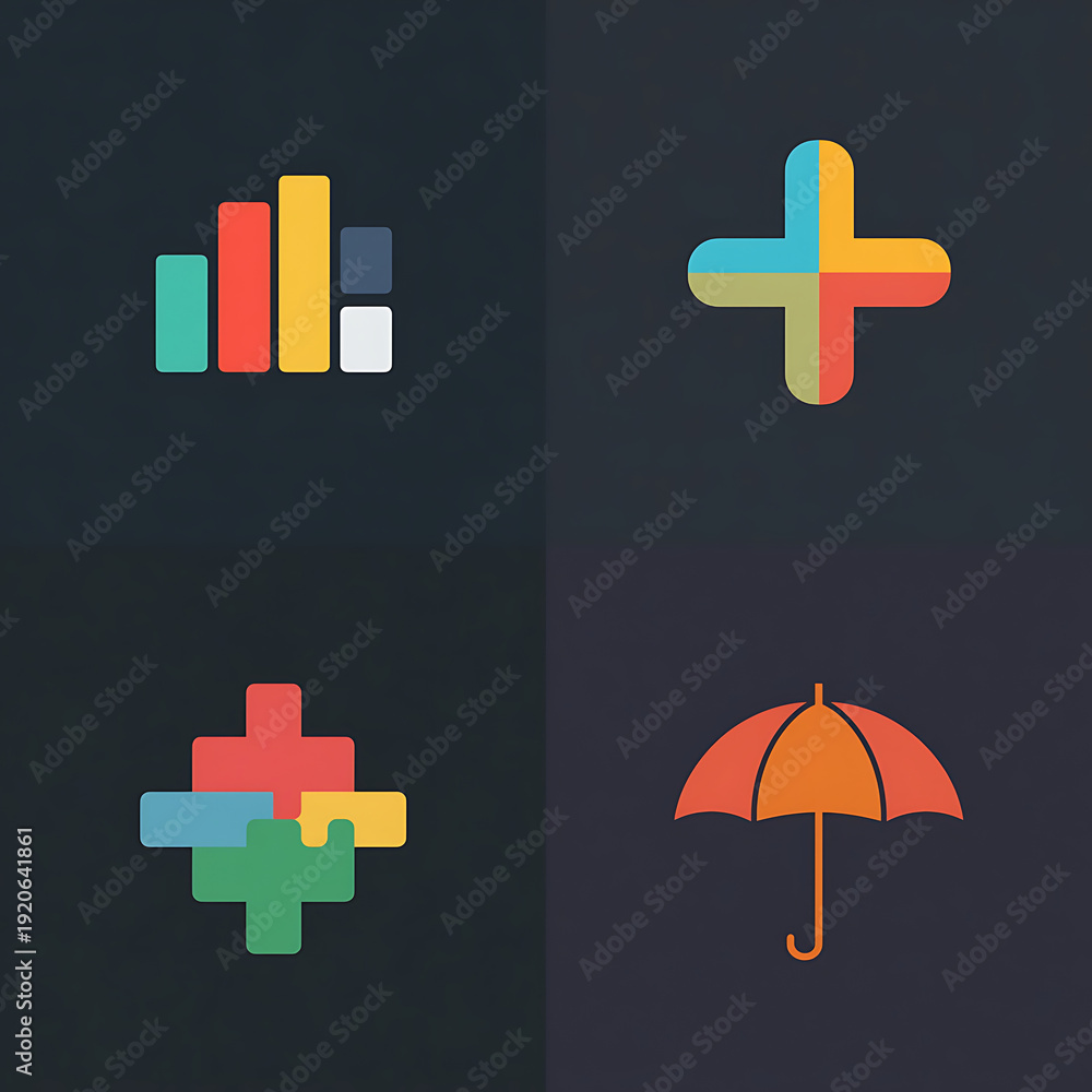 Obraz premium Vibrant Flat Icon Set Featuring Colorful Graphs, Plus Symbols, and Umbrella Designs on Dark Backgrounds