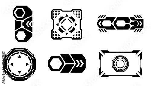 Collection of sci-fi HUD elements featuring black vector hexagon panels, cyber radar screens, and futuristic tech UI frames for game interface design
