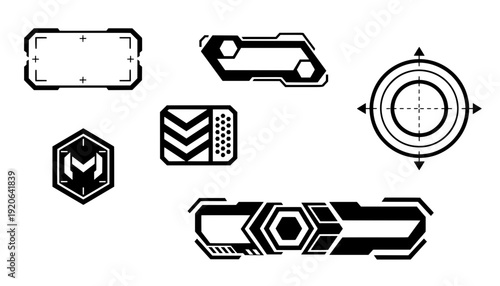 Set of sci-fi HUD elements featuring black vector UI panels, tech progress bars, futuristic target crosshairs, and geometric badges for game design