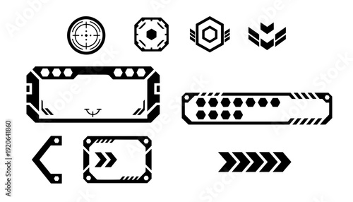 Set of futuristic HUD interface elements featuring sci-fi target crosshairs, geometric tech arrows, and black vector UI panels for digital game design